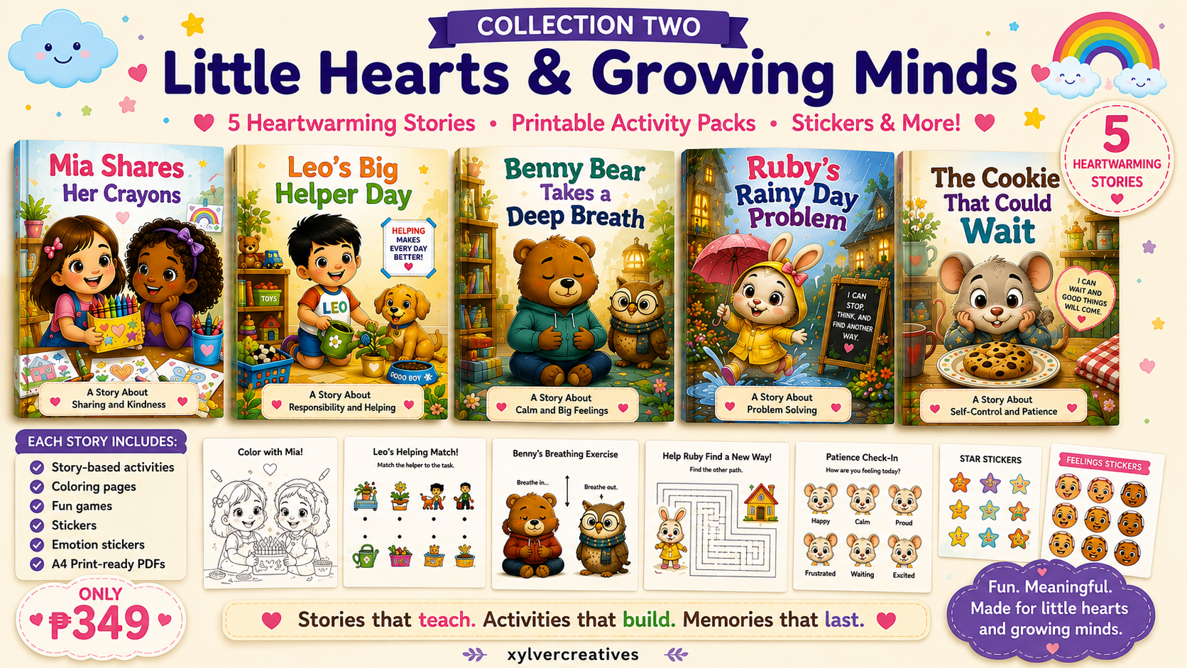 Collection Two mockup showing five storybooks with activity pages and emotion stickers