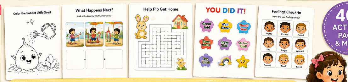 Printable coloring page, sequencing activity, maze game and reward stickers