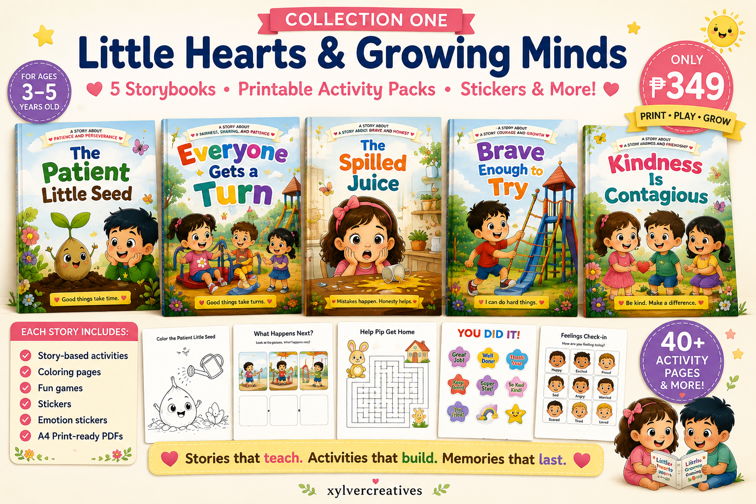 Collection One mockup showing five storybooks with activity pages and stickers